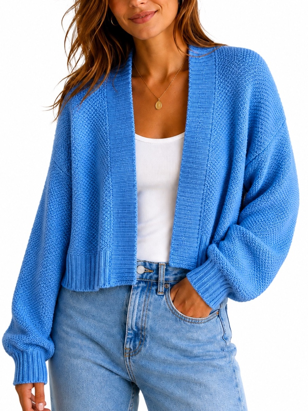 Anthropologie cropped open front blue knit cardigan sweater minimalist OS one SZ